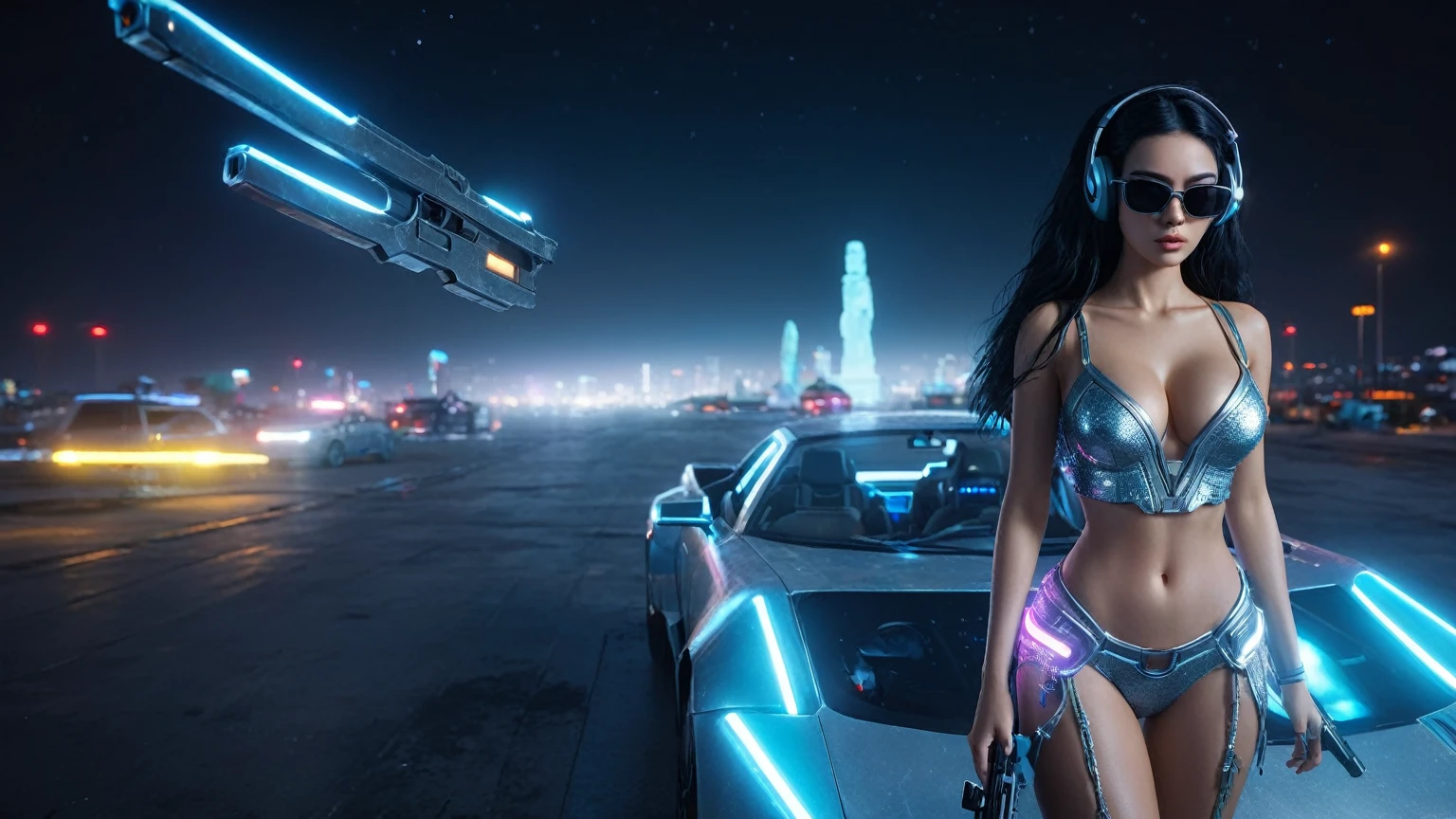 At night, dark sky, distant shot aerial view of fantasy cyberpunk style ice ((Moai-statue)) city, ((flying car)). ((1girl, solo, alone)), medium-breast:1.1 slim body, cleavage, sexy clothes, (headphone, black sunglasses, long black realistic hair), (((hip-up standing and holding pistol))), (((((half-body thigh level medium shot))))), cinematic lighting, lens flare, ray tracing.