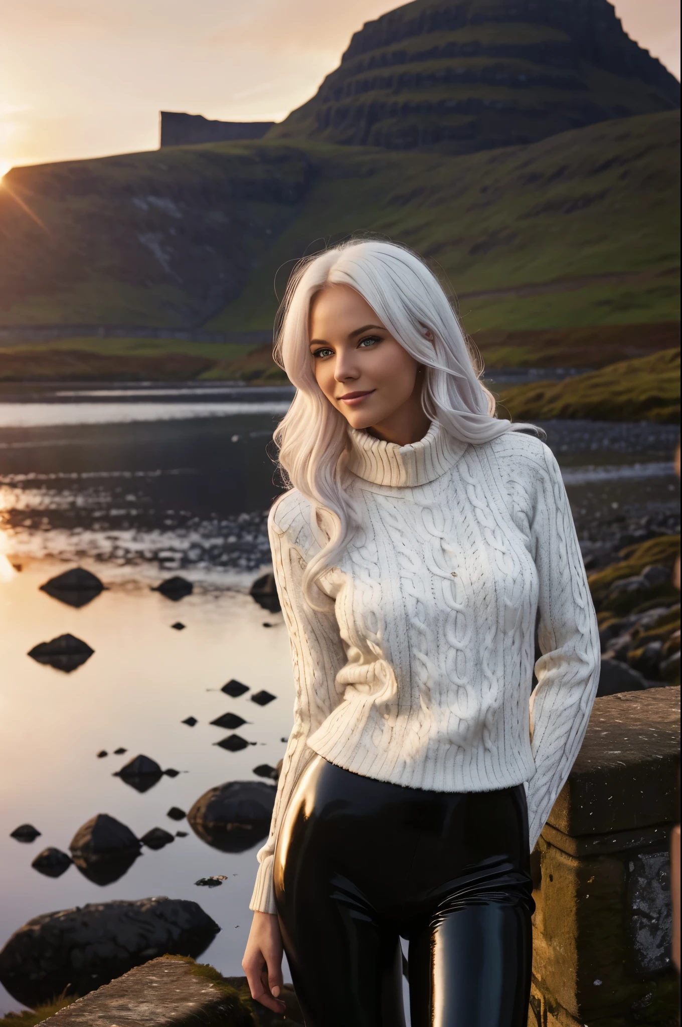 a gorgeous Norwegian woman, wavy crimson white hair in the wind. she's a men magazine porno model, She has a subtle smile and flirts with the camera, (she wears leather shirt), (with a long wool sweater and pvc leggings:1.2),background landscape of Scotland Loch and Scottish castle ruins, (in sunset light:1.2),
