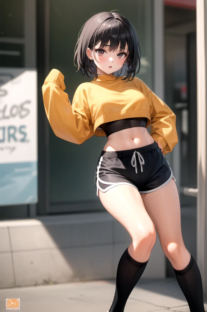 1girl, sweater, crop top, sleeves past wrists, dolphin shorts, logo, street,
masterpiece, best quality, highly detailed