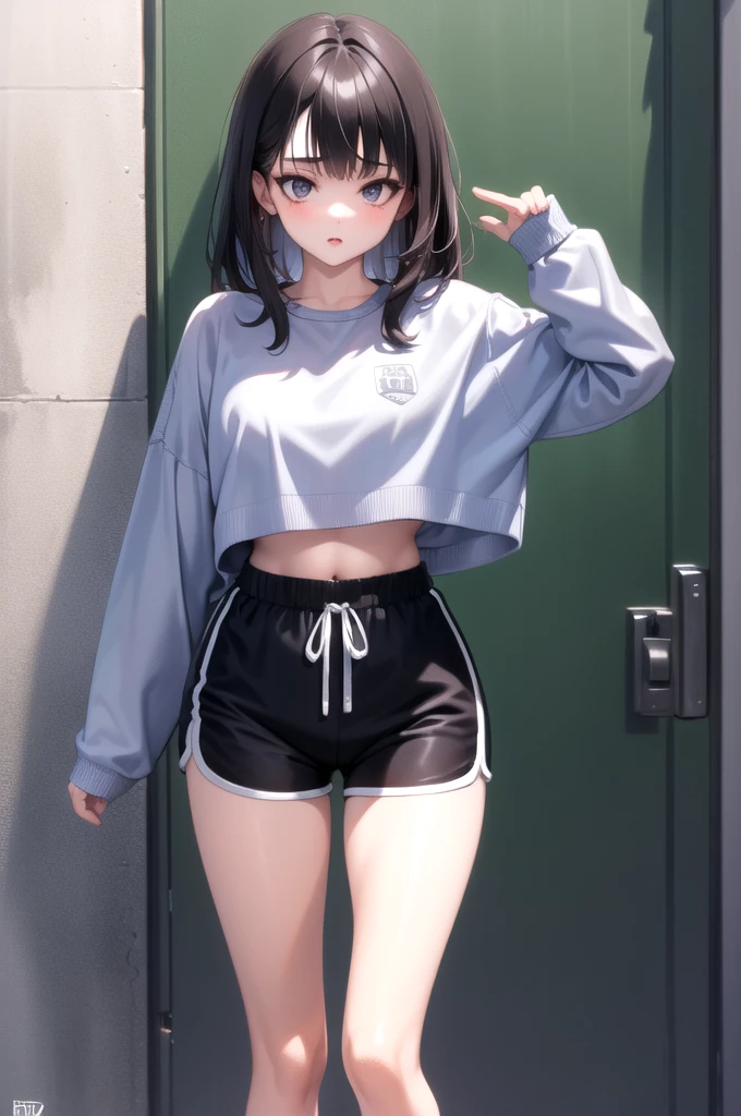 1girl, sweater, crop top, sleeves past wrists, dolphin shorts, logo, street,
masterpiece, best quality, highly detailed