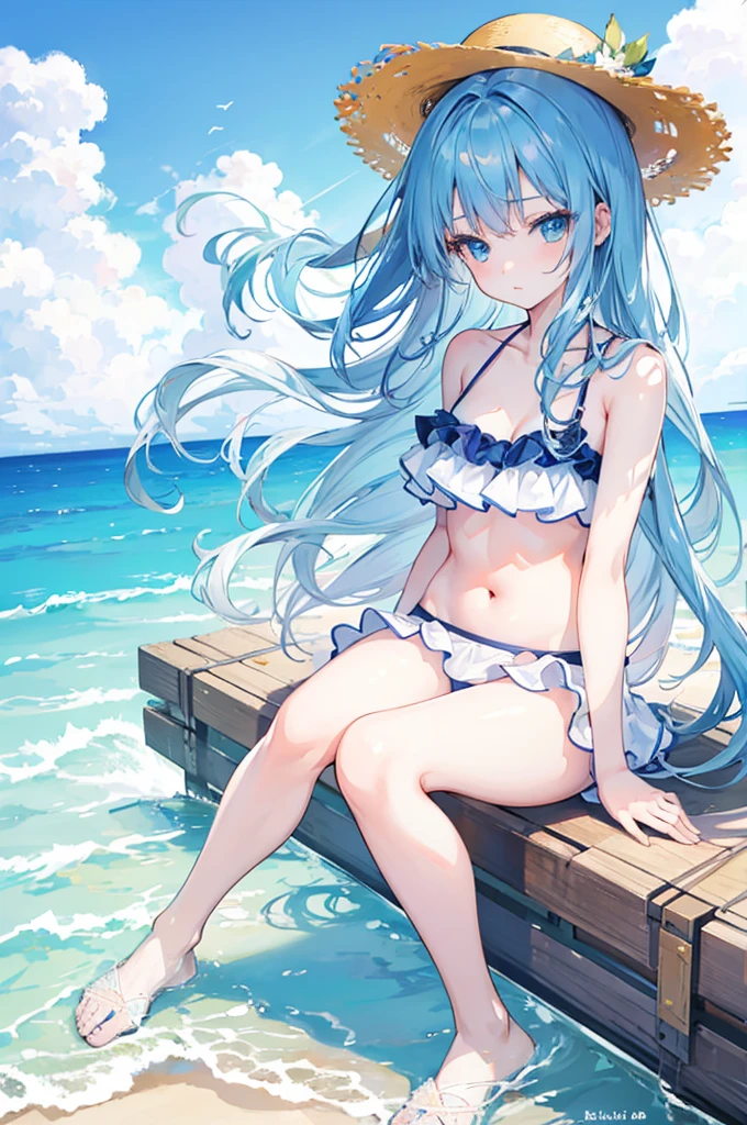 Girls Anime, Beautiful woman, Hair blowing in the wind, Beach Background, Detailed light, White skin, Woman in swimsuit, straw hat, Ocean, bikini, Ocean辺, Sitting