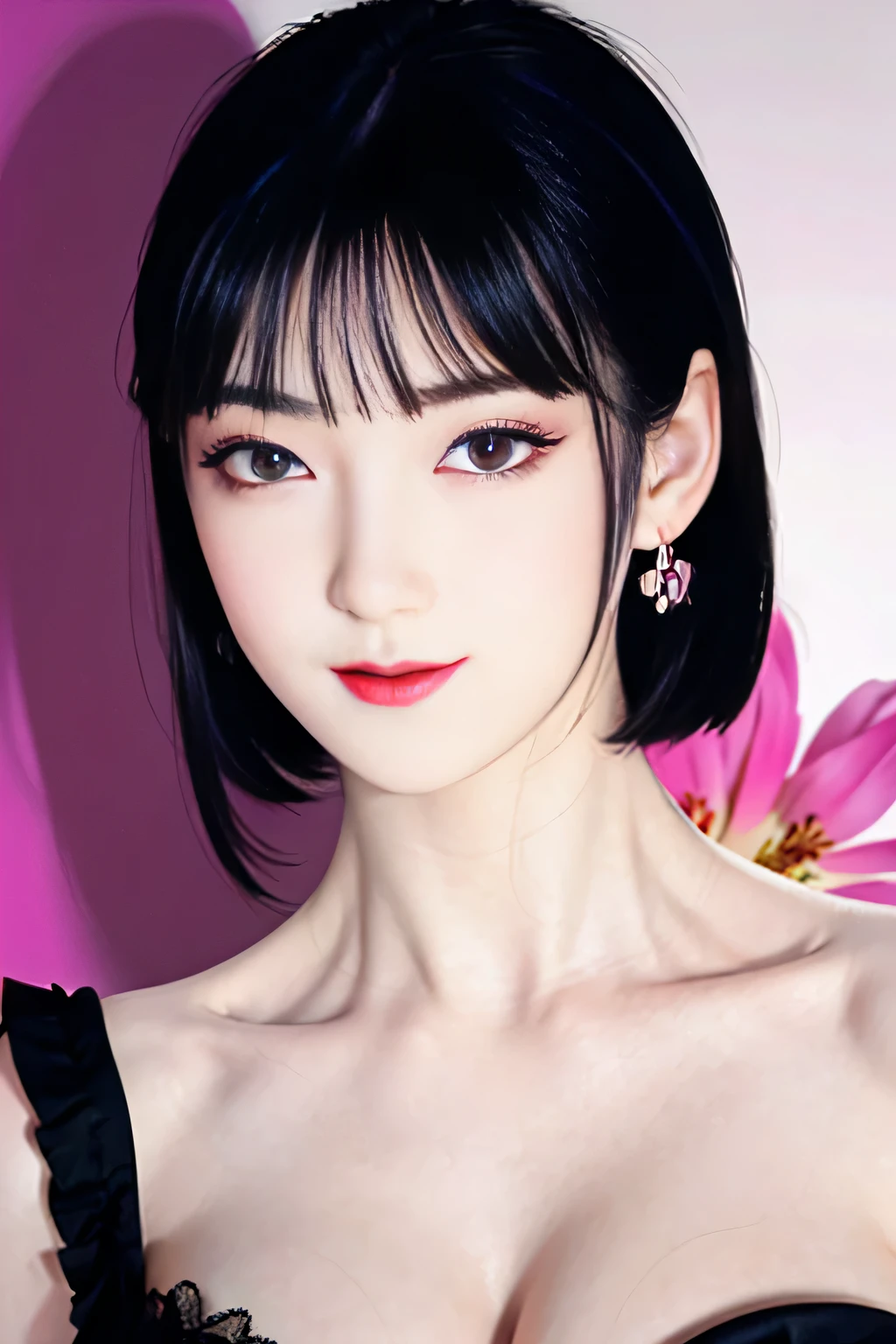 Narrow eyes, 1 Girl, Back to all, Expressionless, short hair, short hair, amount, peace of mind, Black Hair, short hair, alone, Cowgirl, one piece, ((Big Breasts)), Long, narrow eyes, Iris, Shining light eyes , Black Hair, gloves, dress, Fine Jewelry, Earrings, Sharp eyes、Elbow Groove, Please put your hands up and tie your hair back., Random Color, Random Color dress, Long Eye Makeup, Narrow eyes、smile, lipstick, Intricate petal pattern, Rim Light, Backlight, pastel colour, Studio Lighting