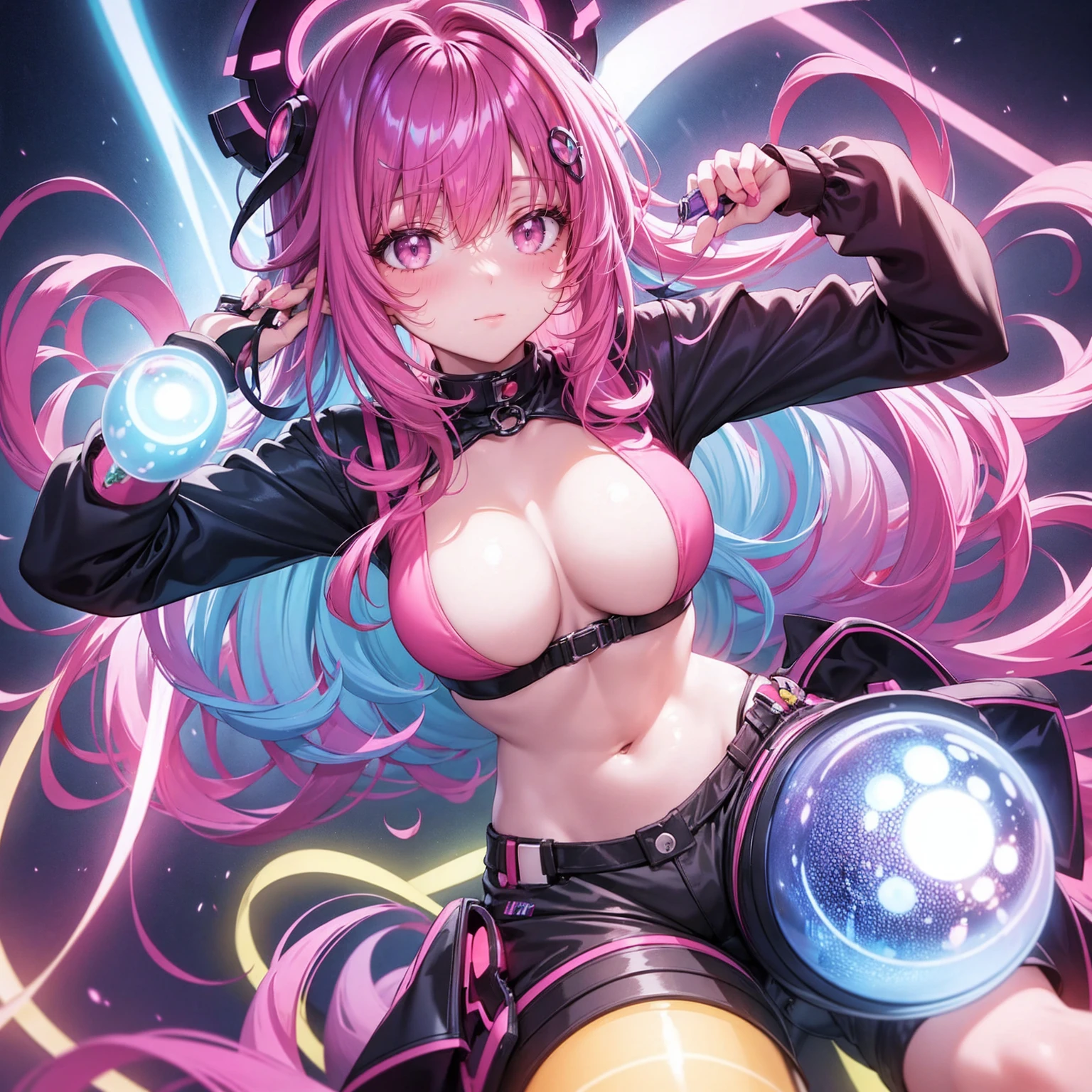 Anime shiny fluorescent curly hair, Color:Neon Purple、neon orange、Playing with metal yo-yos、Ultra HD、Masterpiece