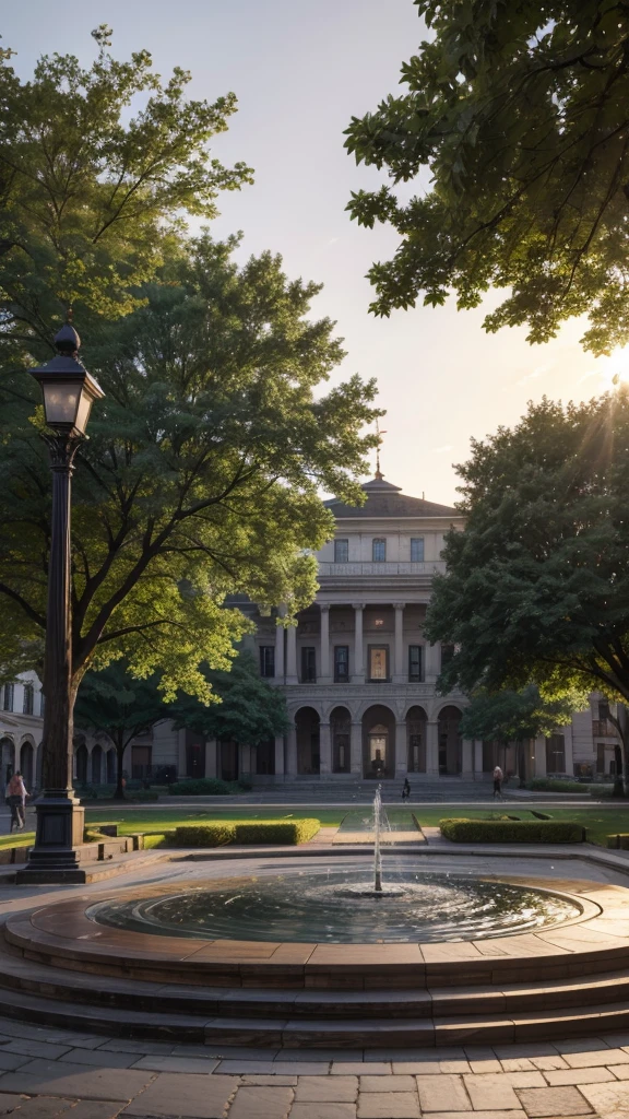 A beautiful square at dawn, with trees , a central fountain and wooden benches."