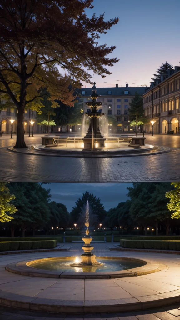 A beautiful square at dawn, with trees , a central fountain and wooden benches."