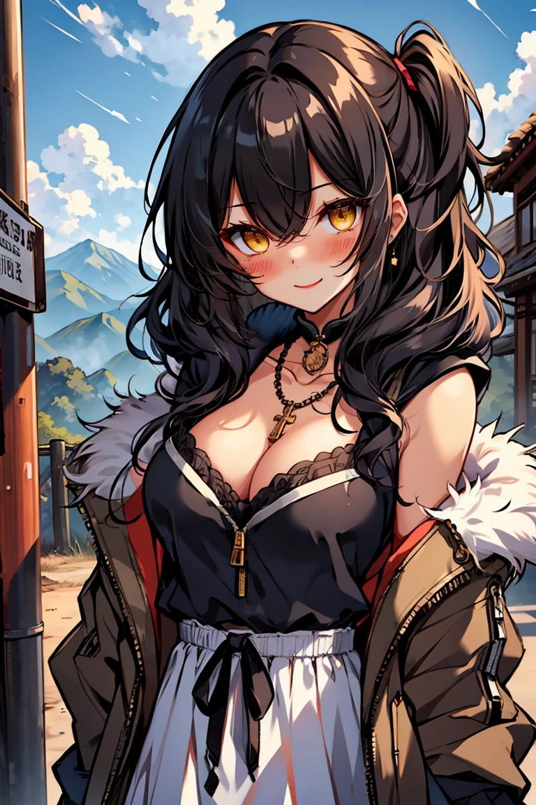 (masterpiece:1.2), (high quality:1.2), hui xiyi, rekkyo sensen, rekkyou sensen, (long wavy hair, one side up:1.45), solo focus, girls with((black hair, bare shoulders, breasts,choker, cleavage,coat,collar,collarbone,cowboy shot, dress, frills, fur, fur collar, fur trim, hood down, hooded jacket, hoodie, jacket, large breasts, long hair, long sleeves, belt, medium breasts, medium hair, necklace, open clothes, open hoodie, sleeveless, solo, winter clothes, zipper, upper body)), background with ((architecture, blue sky, bush, castle, village, no humans, cloud, cloudy sky, day, fence, field, garden, grass, hill, house, lamppost, landscape, mountain, mountainous horizon, nature, no humans, outdoors, scenery, shrine, sky, tower))