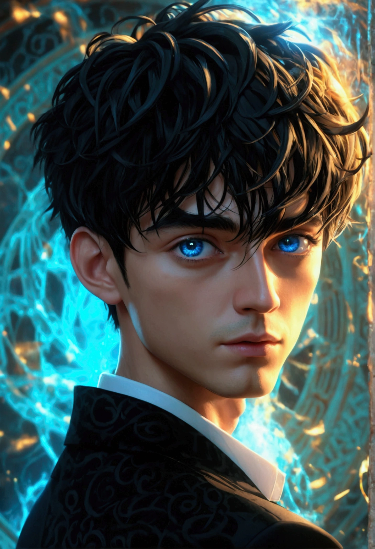 a man with black medium short hair, beautiful detailed blue eyes, wearing a black suit, standing in front of a black magic circle, (best quality,4k,8k,highres,masterpiece:1.2),ultra-detailed,(realistic,photorealistic,photo-realistic:1.37),intricate details,cinematic lighting,dramatic shadows,elegant,moody atmosphere,dark fantasy,mystical,ethereal