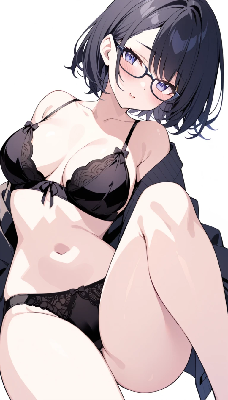 A beautiful woman with short black hair, glasses and sexy underwear