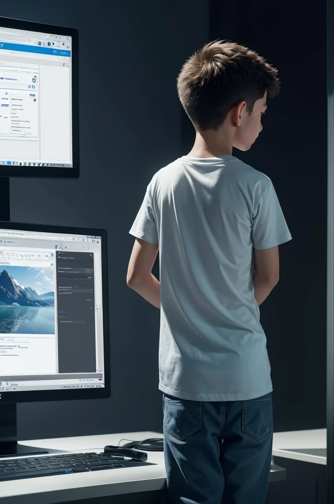 Generate an image of a boy seen from behind, in front of a computer, as if he is configuring it. On the computer screen, include an image of something being installed. Digital image in Pixar style.