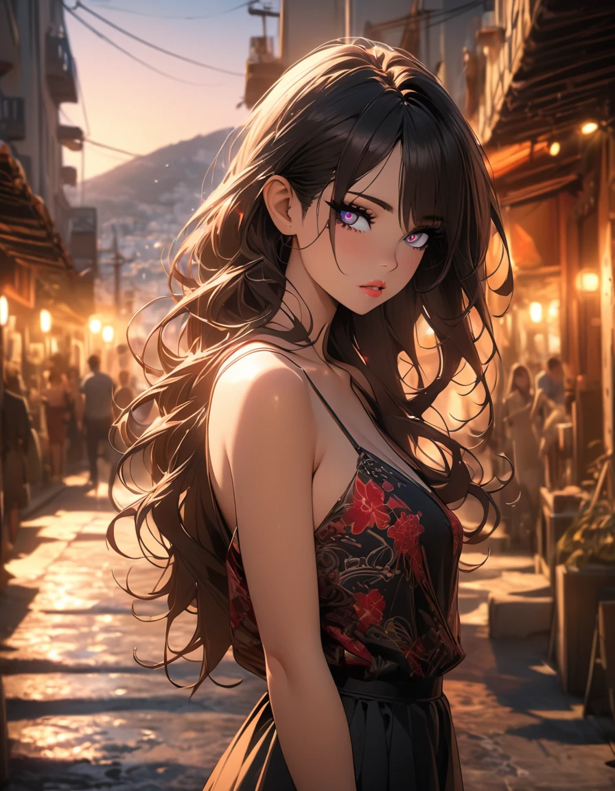 (miss, portrait:1.2), (Japanese cartoon), (Greece:1.3), Sunset, (photography), Greece海島的海濱別墅, Brown long straight hair, Long bangs cover the eyes, Long eyelashes, [[Small Eyes]], (Lipstick), [Dark eyeshadow], A faint smile, Slim, Slender limbs, Bare shoulders, Black skirt, Spaghetti Strap Lace Dress, (Beautiful and delicate eyes, Beautiful and delicate lips, Extremely detailed eyes and face:1.3), Seductive female pose, Vibrant colors, Warm colors, Soft Light, (best quality, 4K, high resolution, masterpiece:1.2), (Very detailed, High Dynamic Range, Vibrant colors), (landscape, Concept Artist), Japanese Manga, Hojo style, Overclocking Renderer, CG art, (Detailed background)