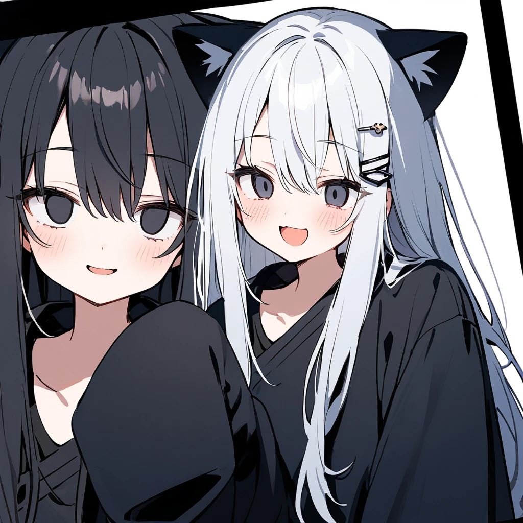 long hair, White hair, black inner hair, open mouth, smile, flustered, Illustration where the pupil does not overlap the lower lash line, The lower half of the eye is white, vacant eyes, black eyes, oversized clothes, sleeves past wrists, , black cardigan, black ribbon, piercing, stuffed animal, White background, 1girl, cat ear,solo, hairpin,Take a picture herself
