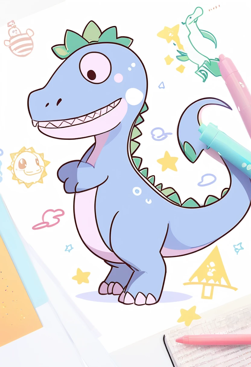 Low quality, line art, one dinosaur, fluffy, stuffed, blue, smiling, looking at viewer, White background