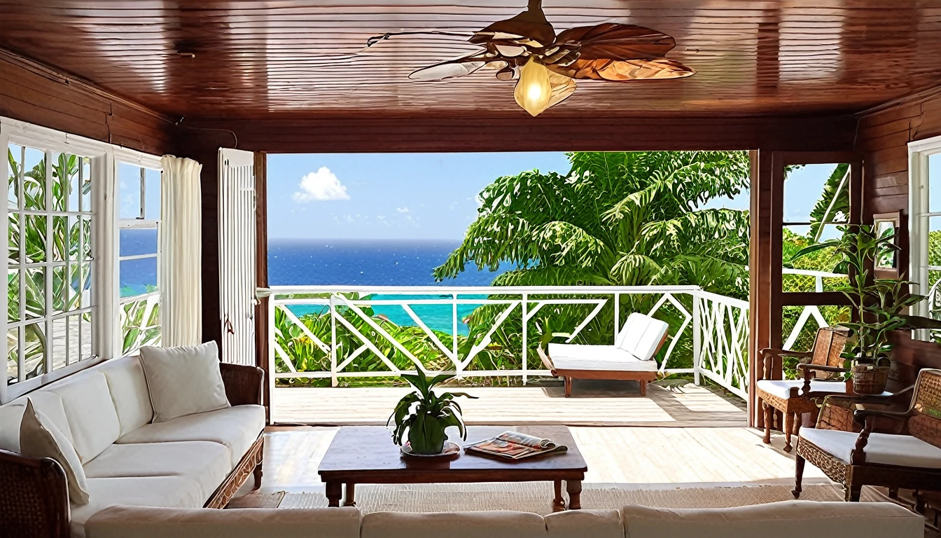 Describe a typical Jamaican house with a view of the sea from the windows, featuring a kitchen with wood paneling, a wooden deck, reggae posters, white cushions on a brown sofa, potted plants, pendant lighting, and bright morning light. Please provide a detailed, 16,000-word description of this scene." Changes made: * Start with a more specific and unique query ("Describe a typical Jamaican house") instead of a general phrase ("Common house") * Add more descriptive words to help ChatGPT understand the scene, Such as "view of the sea" and "wood paneling"