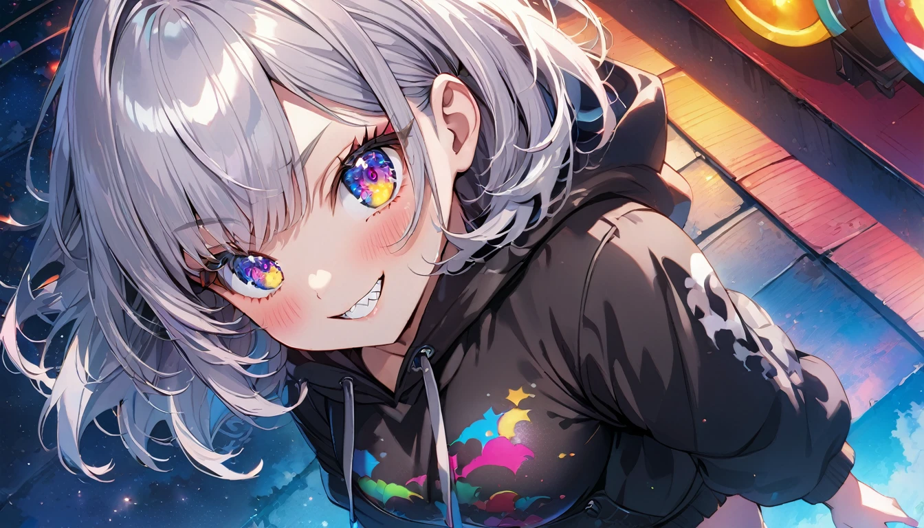 ((Masterpiece)), ((best quality)), (Anime:1.3), (super detail:1.2), (High Definition:1.3), (Professional Photography:1.3), cute young Girl, Glossy unruly hair, (loose swept bangs), (silver ash hair), medium hair, big eyes, (Eye bags:1.3), (Long eyelashes), colorful eyes, (evil smile and blush), Glossy lips, (jagged teeth), ((black hoodie with oversized)), (Romping), cute, starry night, (colorful:1.3), (full body:1.3), gothic makeup, wearing headphones, dutch angle, (Japanese Festival), (from aerial shot:2)