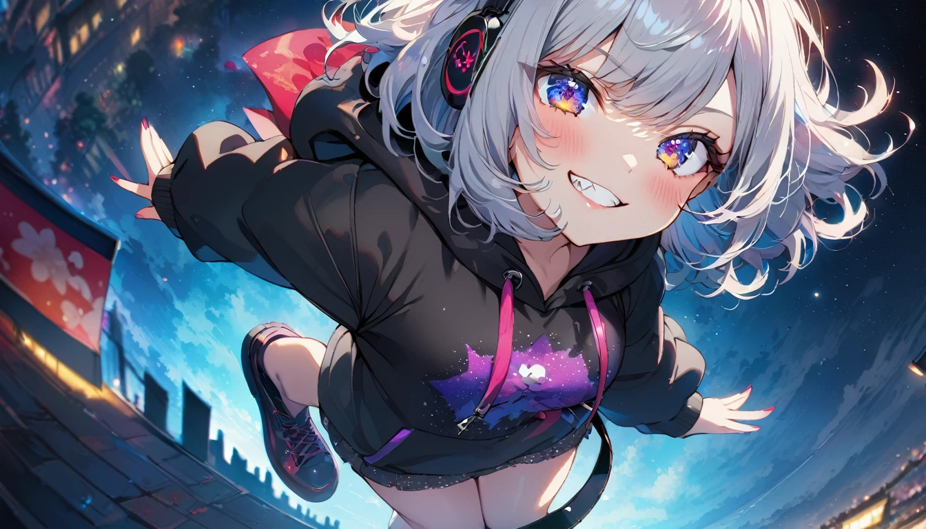 ((Masterpiece)), ((best quality)), (Anime:1.3), (super detail:1.2), (High Definition:1.3), (Professional Photography:1.3), cute young Girl, Glossy unruly hair, (loose swept bangs), (silver ash hair), medium hair, big eyes, (Eye bags:1.3), (Long eyelashes), colorful eyes, (evil smile and blush), Glossy lips, (jagged teeth), ((black hoodie with oversized)), (Romping), cute, starry night, (colorful:1.3), (full body:1.3), gothic makeup, wearing headphones, dutch angle, (Japanese Festival), (from aerial shot:2)