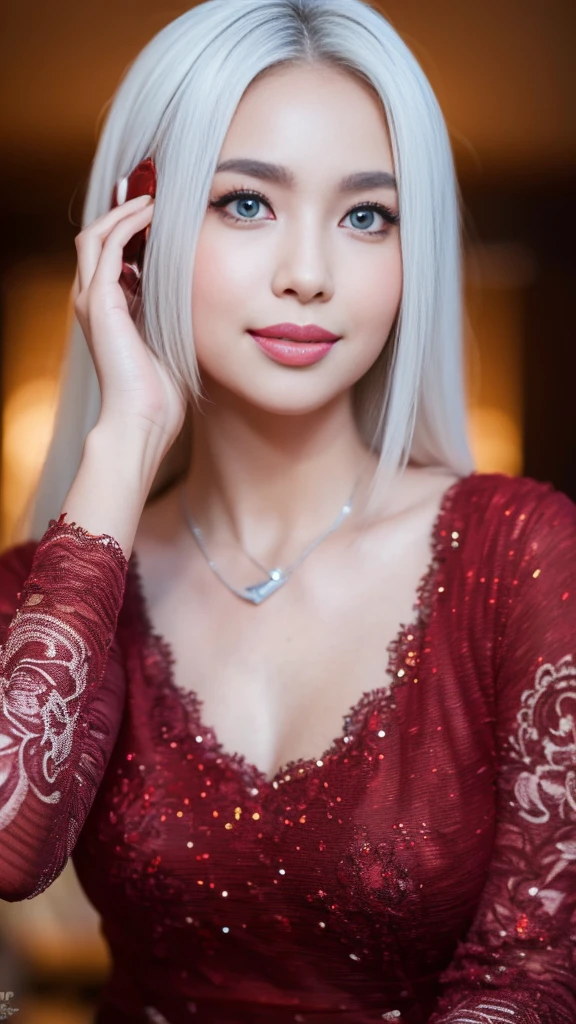(ultra - detailed, 16K resolution, Cinema lenses, rendering by octane), (high resolution:1.18), intricate detail, (masterpiece:1.1), (highest quality:1.1), (1girl, portrait, white hair, blue eyes, long hair, detailed eyes),Wearing red DJ headphones, a beautiful woman with a slender figure, (dark brown layered hairstyle), wearing a pendant, ((kebaya_bali)), modern plain hot deep neck top and dupatta, shy, medium portrait, watery eyes, wearing red kebaya, well-proportioned body,, chubby massive thighs, Hena art on the body, hena art on arms , (cute round face:1.3),perfect fingers, five fingers, beautiful hands, perfect hands. master peace, cute smile.