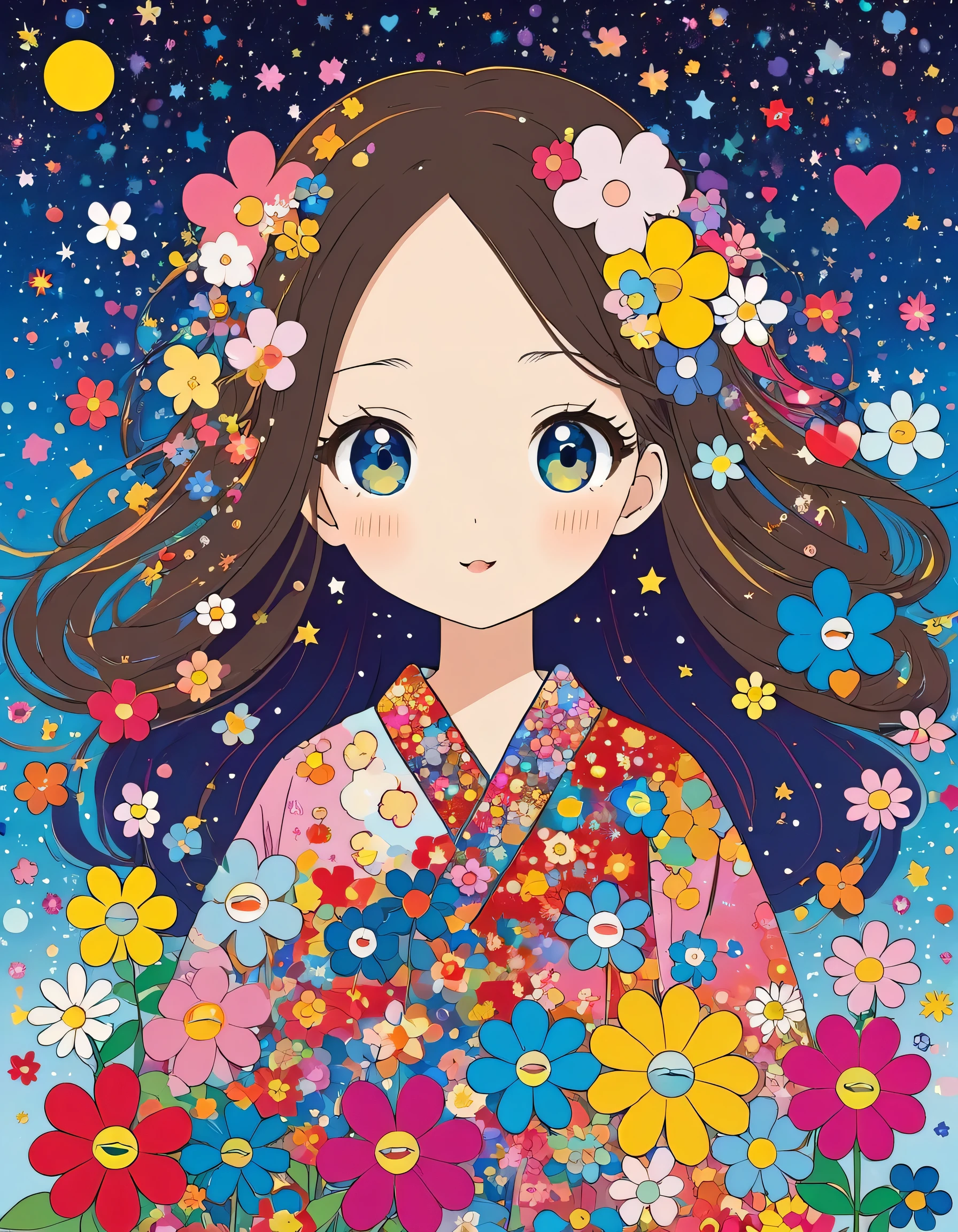 Takashi Murakami style, Simple Line Initialism，Abstract art，Kawaii Design, The most beautiful girl of all time, The background is star dust, colorful hearts, colorful flowers,