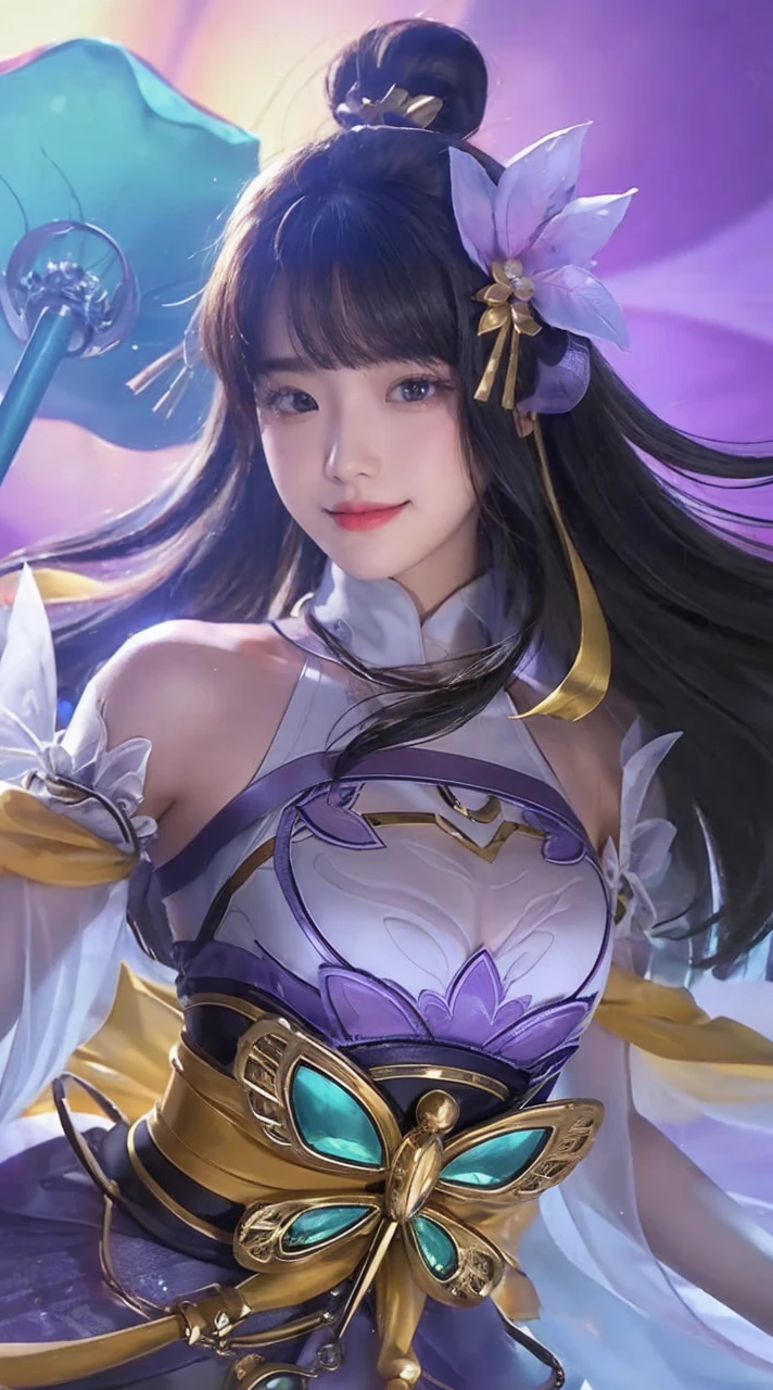 (8K, Raw photo, realistic:1.25) ,( lip gloss, eyelash, shiny face, Glossy skin, highest quality, ultra high resolution, Depth of the bounds written, chromatic aberration, caustics, wide range lighting, natural shading,K-POPアイドル) She looks at the viewer with a calm, goddess-like happiness.,huge breasts,smiling at the audience