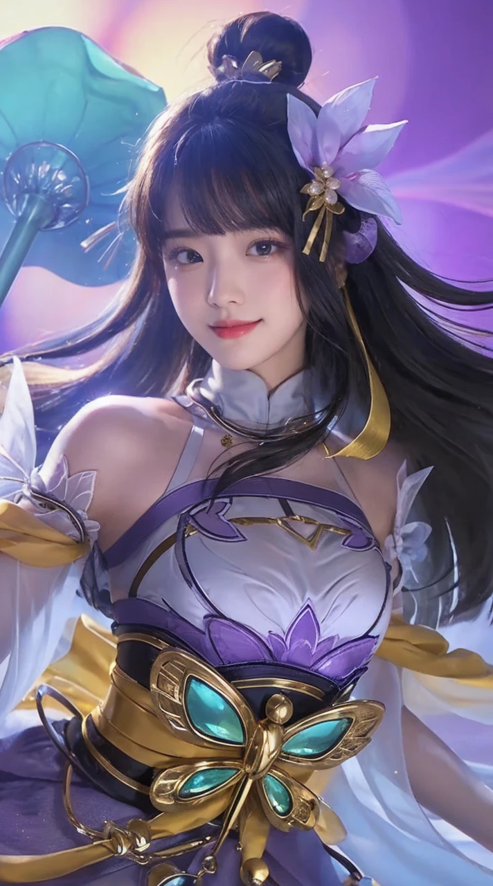 (8K, Raw photo, realistic:1.25) ,( lip gloss, eyelash, shiny face, Glossy skin, highest quality, ultra high resolution, Depth of the bounds written, chromatic aberration, caustics, wide range lighting, natural shading,K-POPアイドル) She looks at the viewer with a calm, goddess-like happiness.,huge breasts,smiling at the audience