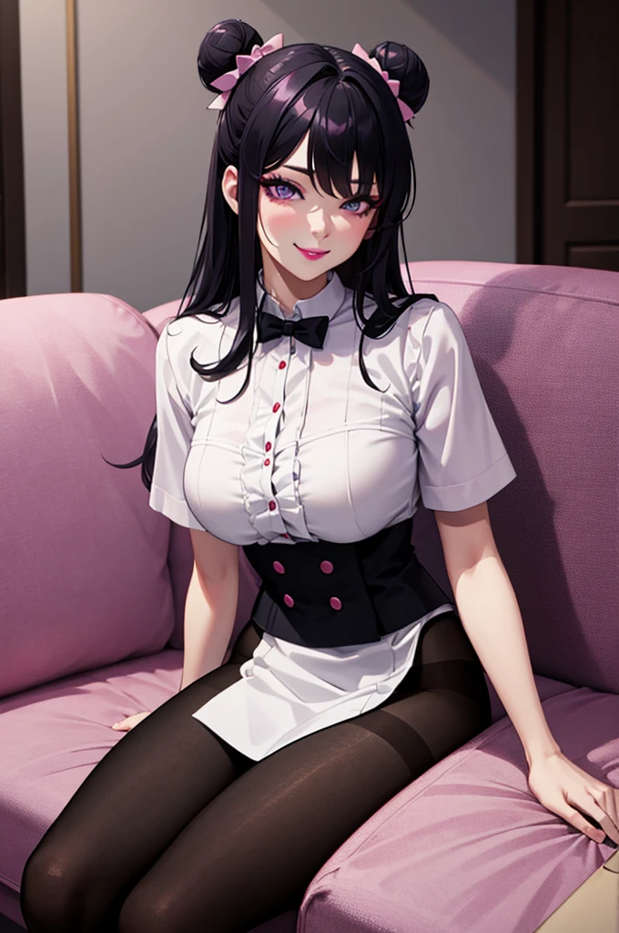 masterpiece, best quality, high quality, 4k, highres, anime, 1girl, 19 years old, purple eyes, colored lips, purple lips, pink eyeliner, makeup, long black hair with hair buns, pink bows on hair, smirk, white blouse, short sleeves, (black pantyhose), pantsushot, on the sofa, sexy, (solo)