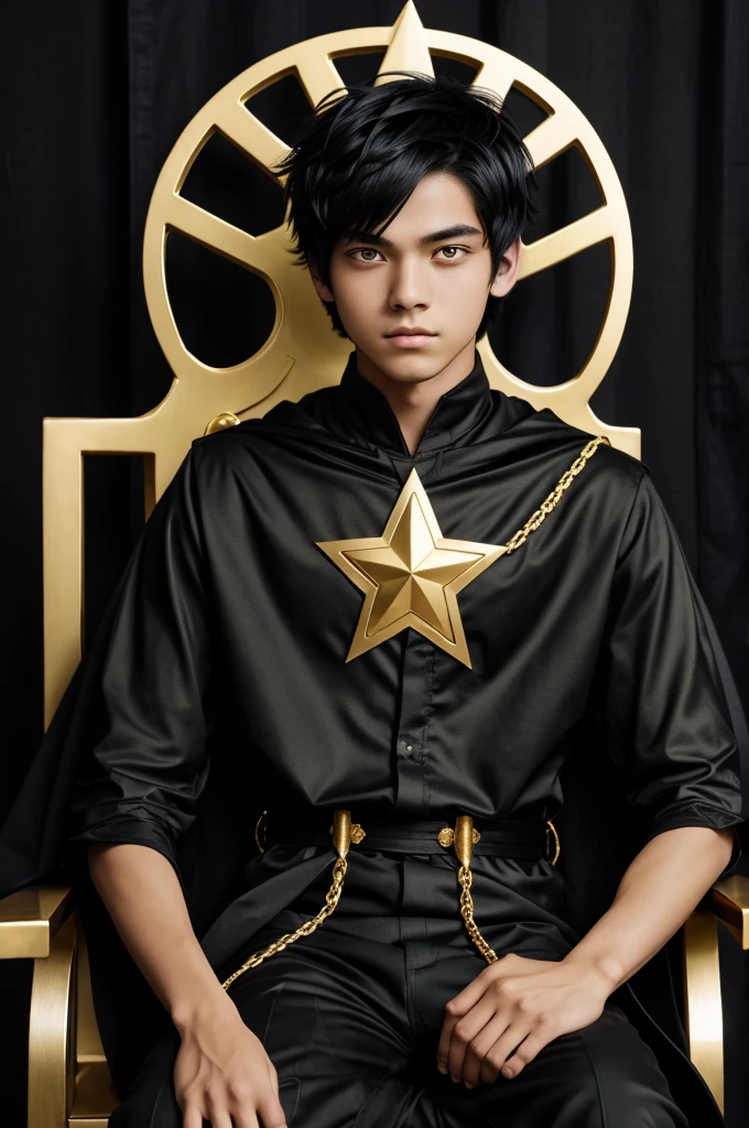 A teenage anime boy with fair skin and two-tone black and gold eyes with a star design in the middle, black hair and golden devil horns.
Bust up shot with a house in the background sitting on a chair
Its clothes are long and all black with a little golden skeleton on it prominently with a long cape and its eyes are black in color.