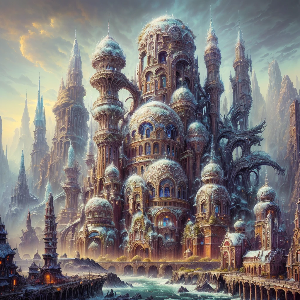 a painting of a city with a lot of strange buildings, symmetrical epic fantasy art, big and structured valhalla city, fantasy architecture, surreal neuron city, highly detailed fantasy art, in fantasy sci - fi city, ancient sci - fi city, detailed fantasy art, fantasy cityscape, ancient biomechanical temple, detailed fantasy digital art, fantasy capital city, fantasy surrealism