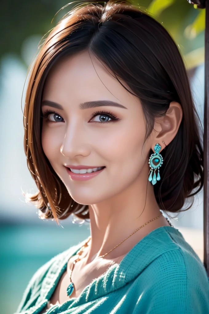 muste piece, best quality, illustration, Super detailed, fine details, High resolution, 8K Dende Wallpaper, perfect dynamic composition, 30 year old beautiful woman, clear, detailed face, detailed eyes, textured skin, smile, formal wear, cyan shirt, necklace, simple earings,