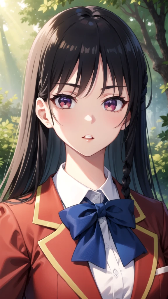 cleavage, portrait, solo focus, solo, close-up, (nature  background:1.3), looking at viewer, (parted lips:1.2), (sunlight, bright, sunshine
:1.2)
 cote_horikita, 1girl, solo, , black hair, long hair, braid, bow, ribbon, hair ribbon, looking at viewer, purple eyes, blue bow, bowtie, jacket, shirt, closed mouth, white shirt, blue bowtie, upper body, white ribbon, red eyes, collared shirt, bangs, red jacket, portrait, blazer