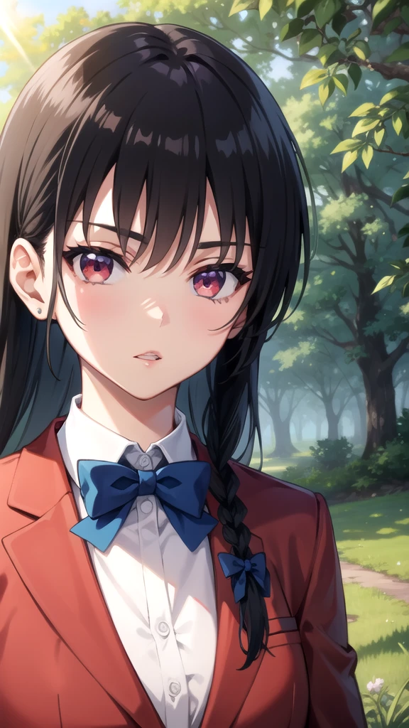 cleavage, portrait, solo focus, solo, close-up, (nature  background:1.3), looking at viewer, (parted lips:1.2), (sunlight, bright, sunshine
:1.2)
 cote_horikita, 1girl, solo, , black hair, long hair, braid, bow, ribbon, hair ribbon, looking at viewer, purple eyes, blue bow, bowtie, jacket, shirt, closed mouth, white shirt, blue bowtie, upper body, white ribbon, red eyes, collared shirt, bangs, red jacket, portrait, blazer