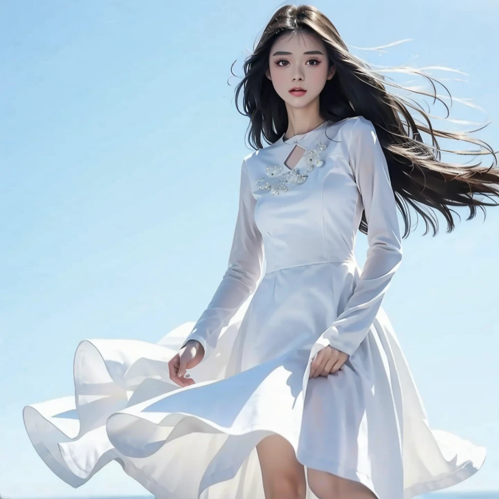 rice, (Very detailed, Very realistic, Very sharp, Hyperrealism, Ultra-realistic, Highest quality):1.2, 1 girl, (Only one person:1.3), (Hair that grows to the knees:1.1, Ridiculously long hair:1.4, hime cut, straight hair, black hair), (Detailed Hair, Detailed skin), (Slim figure, Flat Chest), (long sleeves, frilled clothing, white long skirt, white dress), (Front view from knees to head:1.1), (Hair tousled by the wind:1.5), Standing posture, (looking at the camera), (White background:1.3), Soft lighting