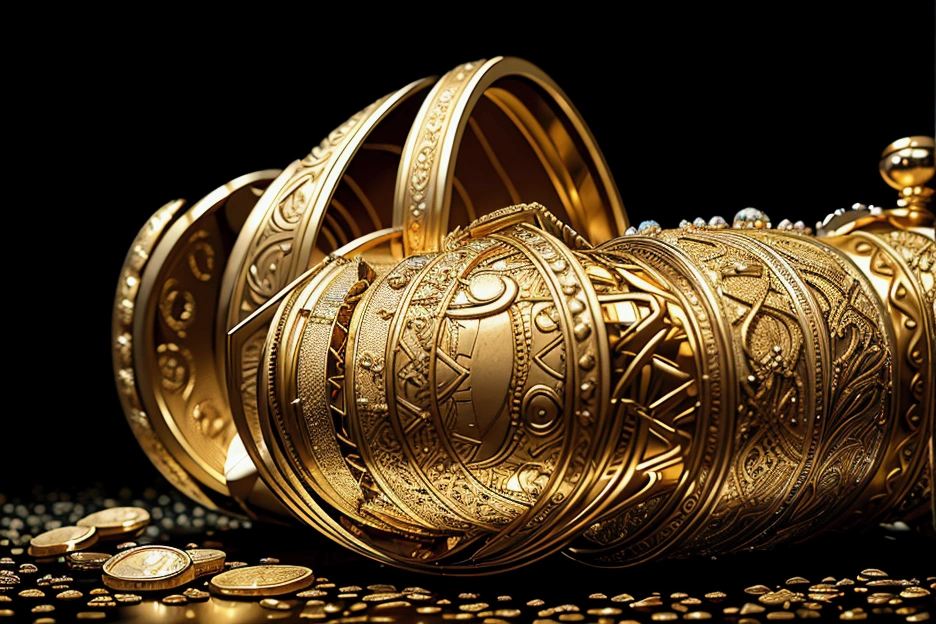 a highly detailed golden treasure, gold coins, gemstones, jewellery, opulent, reflective surfaces, dramatic lighting, cinematic composition, masterpiece, photorealistic, 8k, hyper detailed, big amount, tresure, cave tresure, indiana jones tresure