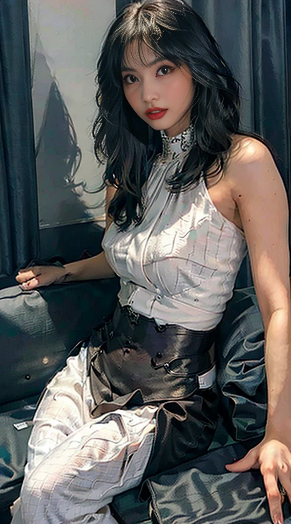 (Extreme Detail CG Unity 8K wallpaper, masterpiece, highest quality), (Exquisite lighting and shadow, highly dramatic picture, Cinematic lens effect), a girl in a white Spider-Man costume, silver gray hair color, from the Spider-Man parallel universe, Wenger, Marvel, Spider-Man, sitting on the couch, dynamic pose), (excellent detail, excellent lighting, wide angle), (excellent rendering, enough to stand out in its class), focus on white Spider-Man costumes, complex spider textures