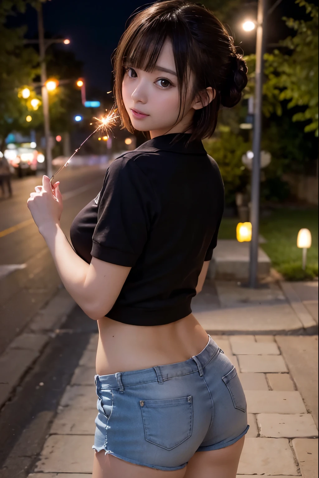 Perfectly Anatomically Correct:1.4, 5 Beautiful finger:1.4, 
1 Japanese Girl, Kawaii, Very Short Hair Bun:1.2, Wide-Set Eyes, Very White Skinned, Blush, Bashfully, 18-Year-Old, Open Mouse Slightly, 
Cute Eyes, Brown Hair, Ecstasy, Light Smiling, Cheerful, [Pouted Cheek], 
(Japanese Sparklers Within Own Reached Arm:1.2), 
[Point Fireworks at Viewer:1.0], 
(Showing off Swollen Lower Buttocks from Shorts:1.4), 
(Wearing Polo Shirt + Very Short Booty Shorts:1.2), 
Beautiful Buttocks, Spherical Shape Buttocks, Ball Shape Buttocks, Medium ASS, 
Looking Back Viewer:1.2, from Side, [Full Body], 
[SFW:0.6, Non-Nipple:1.0], 
 BREAK 
Light Purple Dusk:1.2, Riverside, 
 BREAK 
8K, RAW Photo, Best Quality, Masterpiece, Realistic, PhotoRealistic, Extremely Detailed 8K Wallpaper, Beautifully Detailed Eyes, Finely Detailed Face, 
 BREAK 
High-Key Lighting, Professional Lighting, Bokeh:1.0