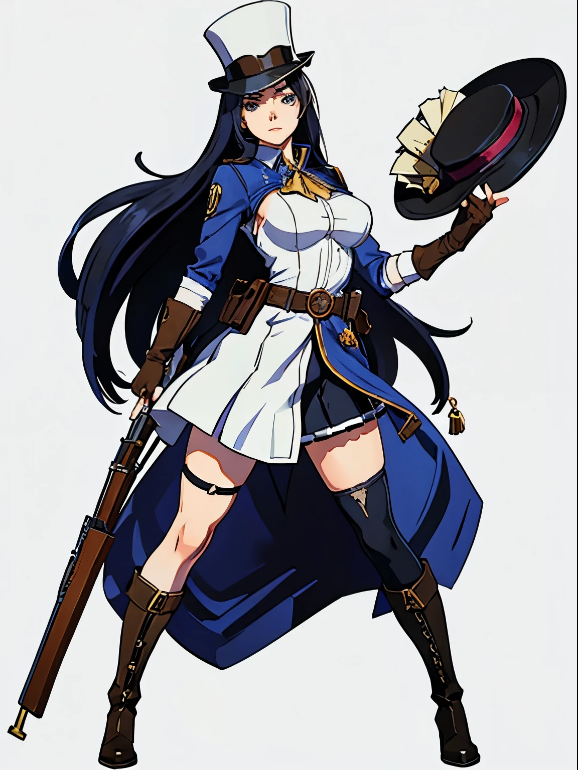 caitlyn_(league_of_legends), 1girl, gun, solo, weapon, hat, boots, rifle, long_hair, top_hat, black_hair, gloves, food, dress, fingerless_gloves, thigh_strap, faux_figurine, simple_background, breasts, belt, full_body, white_background