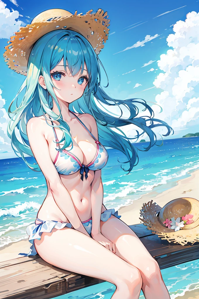 Girls Anime, Beautiful woman, Hair blowing in the wind, Beach Background, Detailed light, White skin, Woman in swimsuit, straw hat, Ocean, bikini, Ocean辺, Sitting