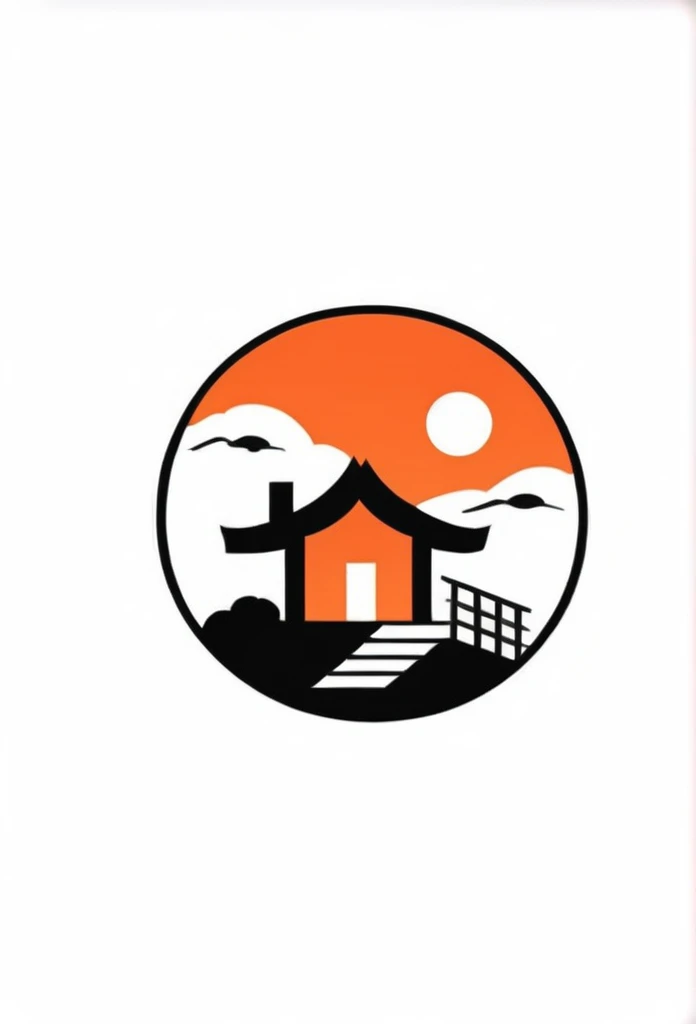 White background
Fashionable logos of the Japanese construction industry
Pretty cool
chic and modern design
an orange sunset
A logo with a cool Japanese-style house painted inside a circle-shaped logo
The logo is monotone in black and white
Only the sky above the house is designed to be orange
White background