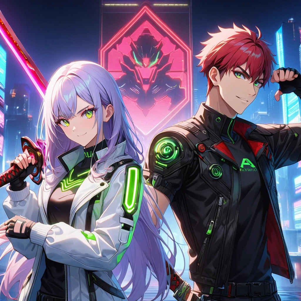 two persons, A man and a girl , man (Kyo Kusanagi look a like) holding a perfect neon katana wearing a leather white jacket and black t shirt, stand and confident pose, confidente smile, cyberpunk, night, fingerless gloves , red hair, neon eyes, ultra detailed face, and his gorgeous sister with white long hair and green neon eyes, 