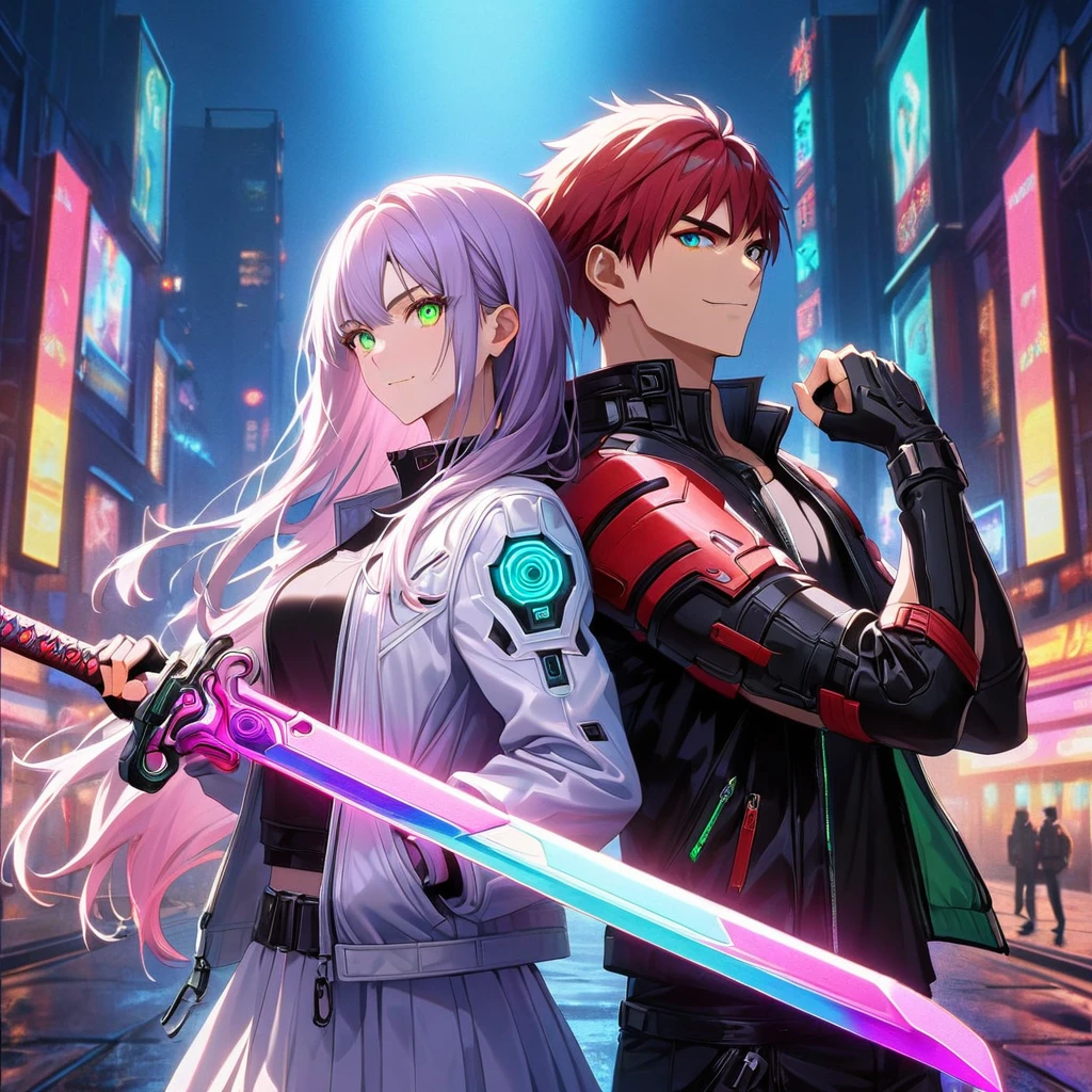 two persons, A man and a girl , man (Kyo Kusanagi look a like) holding a perfect neon katana wearing a leather white jacket and black t shirt, stand and confident pose, confidente smile, cyberpunk, night, fingerless gloves , red hair, neon eyes, ultra detailed face, and his gorgeous sister with white long hair and green neon eyes, 