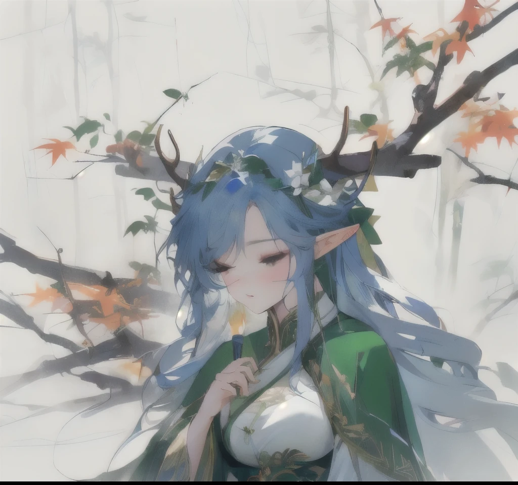 Close-up of cartoon character holding stick, Elf Queen of the Summer Forest, forest hunter lady, Forest tree spirit, Maple Story Character Art, Elf girl in floral suit, female forest archer, Deer Horned God, Red Cliff, Goddess of mischief, Strange Elven Features, Druid女神, 自然Druid, Elf Character, Girl design lush corner, Druid
