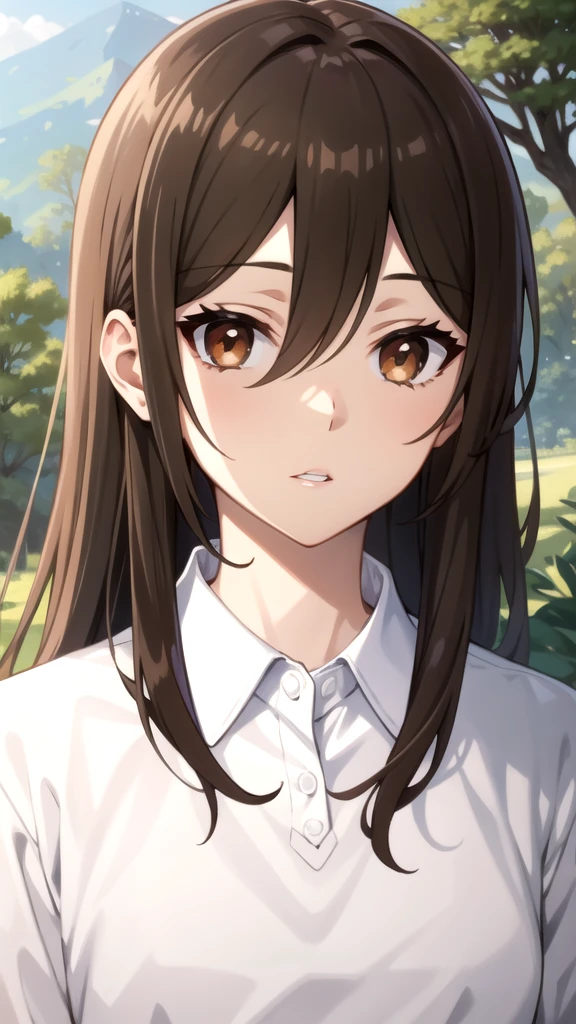 solo focus, solo, close-up, (nature background:1.3), looking at viewer
 horimiya_hori, 1girl, brown hair, solo, long hair, brown eyes, looking at viewer, shirt, sweater,  grey sweater, white shirt, collared shirt, PARTED LIPS, hair between eyes, bangs, 