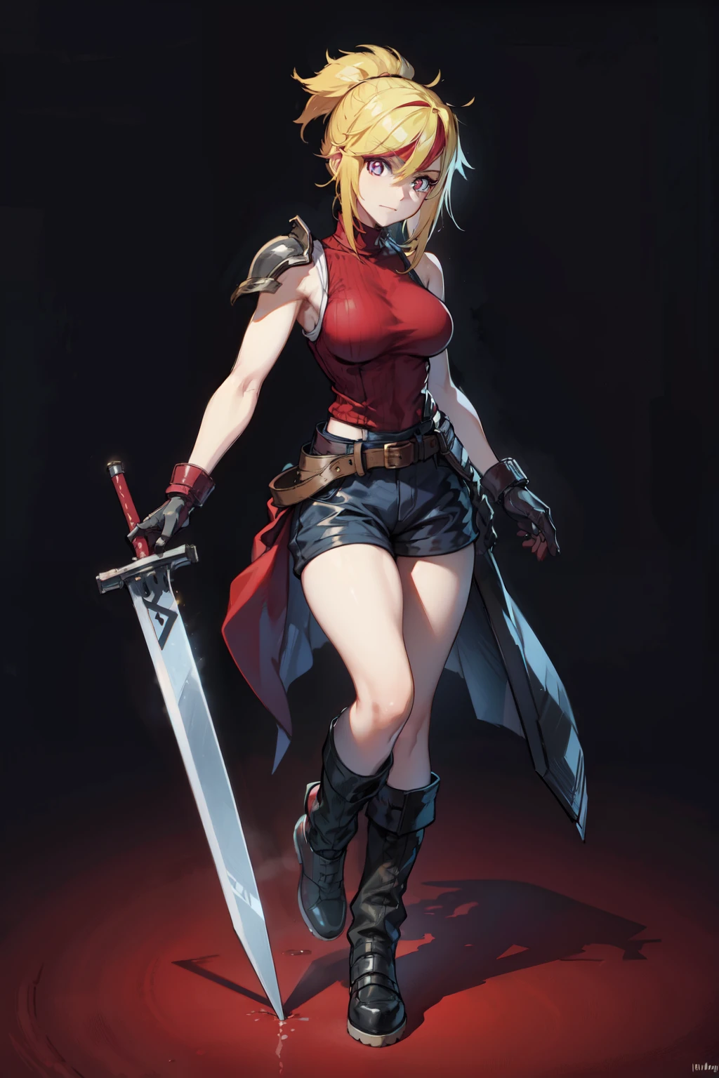 (masterpiece, best quality:1.2), red glowing eyes, red eyes, the eyes are red, perfect face, highres, 1 girl, solo, ultra long ponytail, (female:1.5), strife, blonde hair, shoulder armor, sleeveless turtleneck, suspenders, belt, gloves, bracer, evil smile, standing, portrait, looking at viewer, giant sword on the back, giant buster sword on the back, long leather boots, fullbody shot