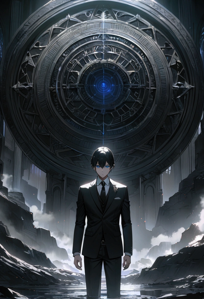 a man with black medium short hair, beautiful detailed blue eyes, wearing a black suit, standing in front of a black magic circle, (best quality,4k,8k,highres,masterpiece:1.2),ultra-detailed,intricate details,cinematic lighting,dramatic shadows,elegant,moody atmosphere,dark fantasy,mystical,ethereal