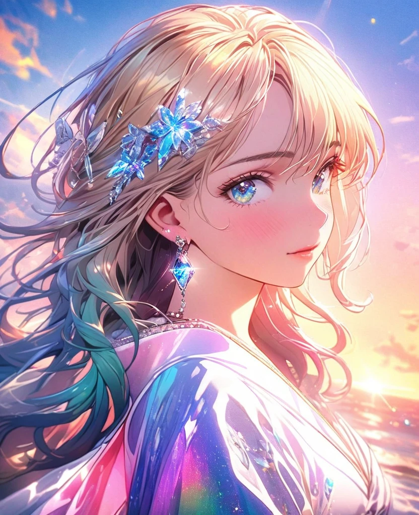 8K,gal，an extremely delicate and beautiful,Beautiful and realistic skin,Shiny jewel-like earrings,Long colorful hair,beautiful eyes,give a good sign,beautiful sunset
