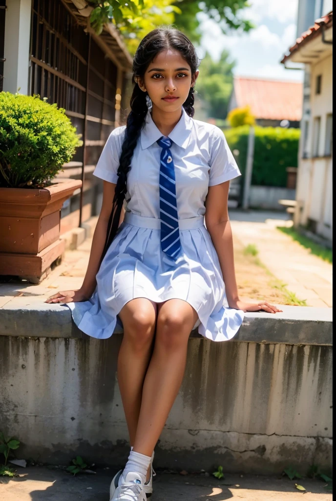 Raw photo , 1 girl  ,Wearing white frock and color tie, white shoes ,sri lanka  girl, with plait , professional photographer, (hdr:1.4), masterpiece, ultra-realistic 8k, perfect artwork, intrincate details, cute face, award winning photograph, (Best quality, 8k, 32k, Masterpiece, UHD:1.3) ,