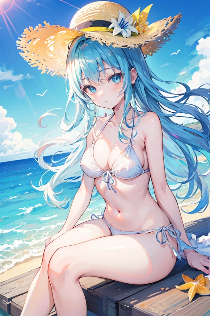 Girls Anime, Beautiful woman, Hair blowing in the wind, Beach Background, Detailed light, White skin, Woman in swimsuit, straw hat, Ocean, bikini, Ocean辺, Sitting