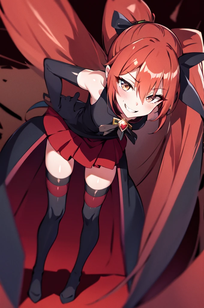 Highest quality, masterpiece, One Girl,Not beautiful, Red Ponytail, Long dress, brooch, Hair Ribbon,  Black knee socks,Standing on Hell,  (Wicked Smile:1.1), ,,Dark shadowed face,Sadistic smile,Malice,Contempt,smile,latex,Bad face,,Red Skirt,two hands,two legs,five fingers,evil background,elbow gloves,latex, Wicked Smile, devilish aura (Shiny fabric:1.5),Dark world background,独奏,


