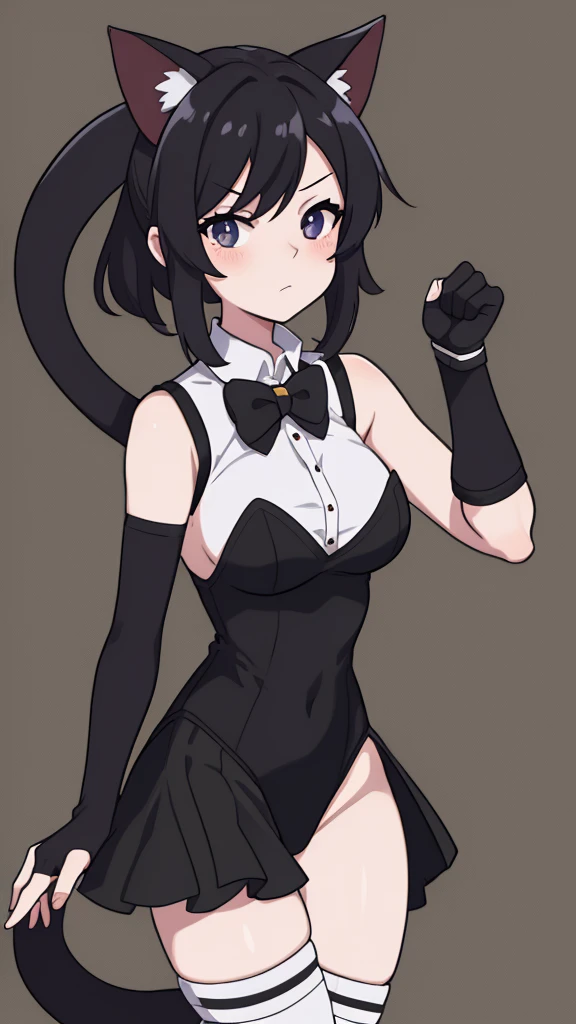 score_9, score_8_up, source_anime, 1girl, cowboy shot, IPhonechan, appleicon, bare shoulders, cat tail, black gloves, fingerless gloves, wrist cuffs, tail ornament, black leotard, white shirt, sleeveless, thighhighs, bowtie, tail bow,  
