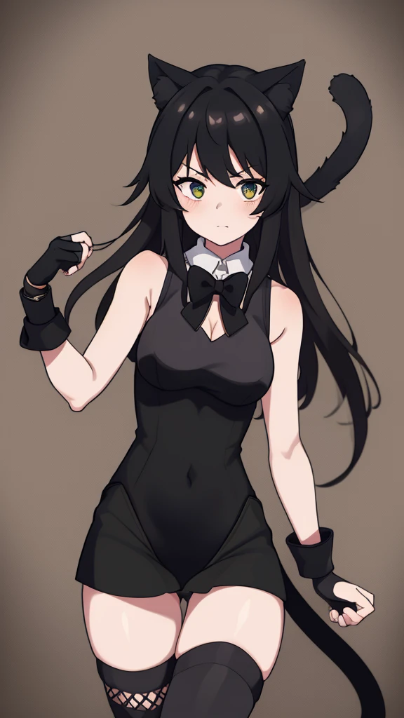 score_9, score_8_up, source_anime, 1girl, cowboy shot, IPhonechan, appleicon, bare shoulders, cat tail, black gloves, fingerless gloves, wrist cuffs, tail ornament, black leotard, white shirt, sleeveless, thighhighs, bowtie, tail bow,