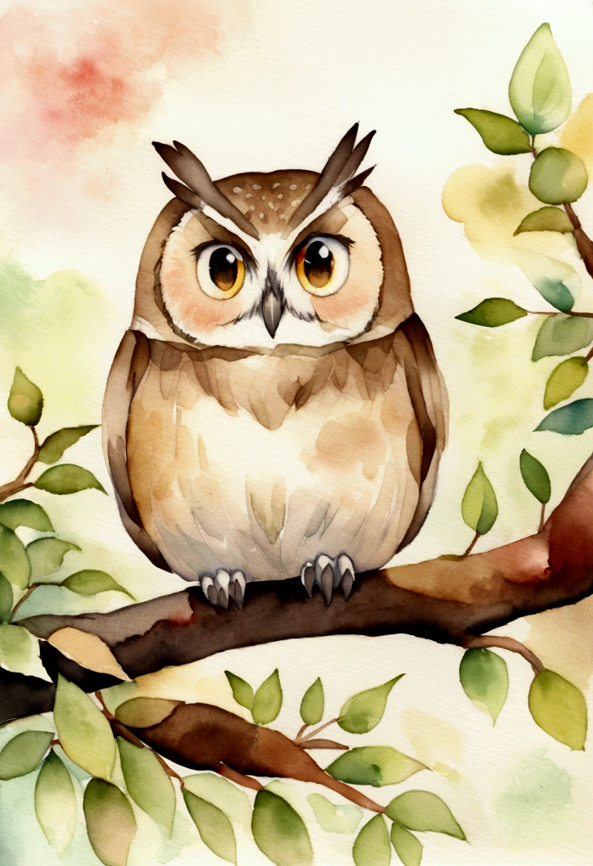 Owl on a tree（owl）and a boy about 4 years old　Picture books　Watercolor