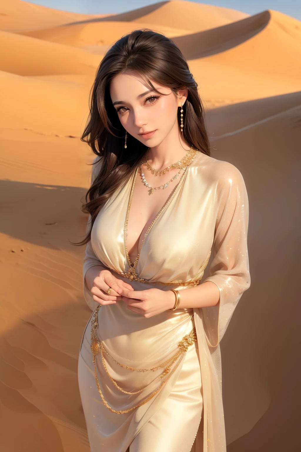 in Desert ,1 Pretty girl,Tighten the body,clothes details,There are intricate gold threads on the clothes,pearls necklace,white skinned,looking at viewert,Brown eyes,actual,are standing,ssmile,low chest,middling,